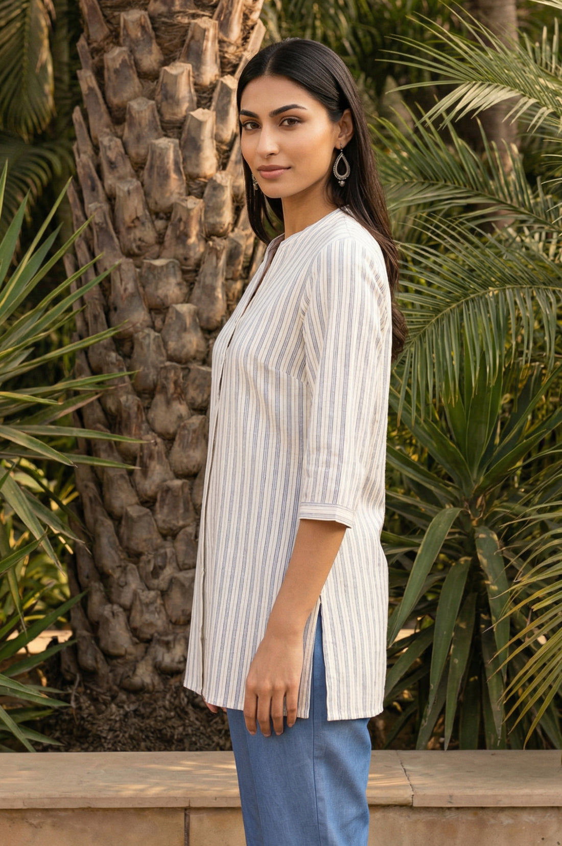 White Striped Yarn Dyed Cotton Blend Straight Kurti