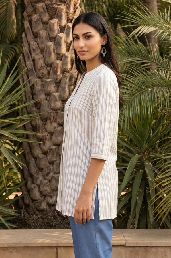 White Striped Yarn Dyed Cotton Blend Straight Kurti