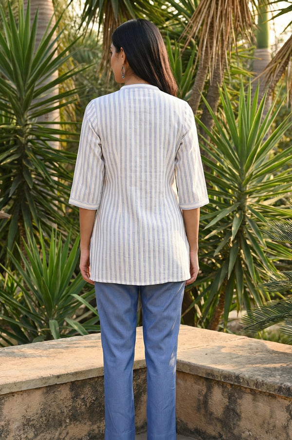 White Striped Yarn Dyed Cotton Blend Straight Kurti