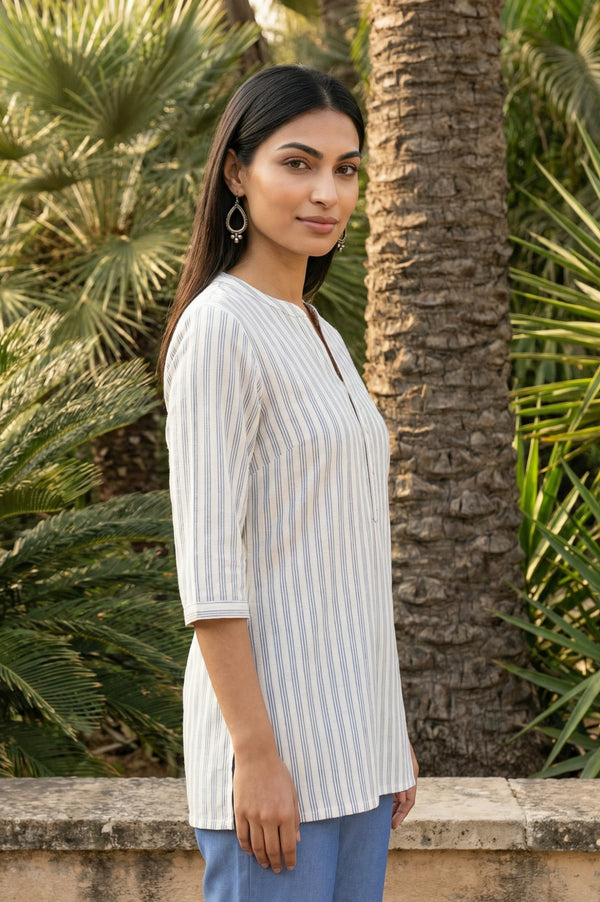White Striped Yarn Dyed Cotton Blend Straight Kurti