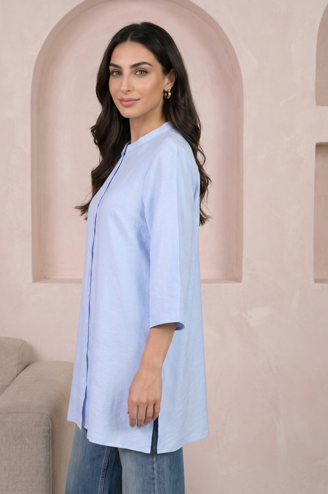 Blue Solid Rayon Blend Straight Top