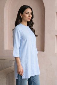 Blue Solid Rayon Blend Straight Top