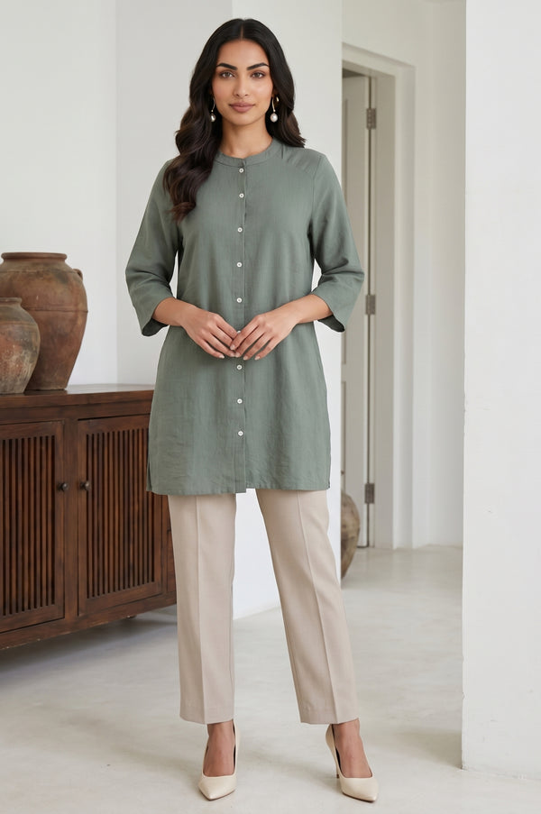 Green Solid Rayon Blend Straight Tunic
