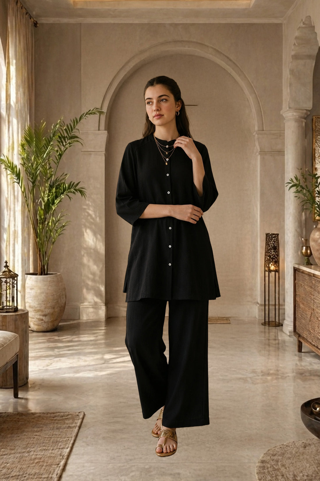 Black Solid Nylon Blend Straight Kurta