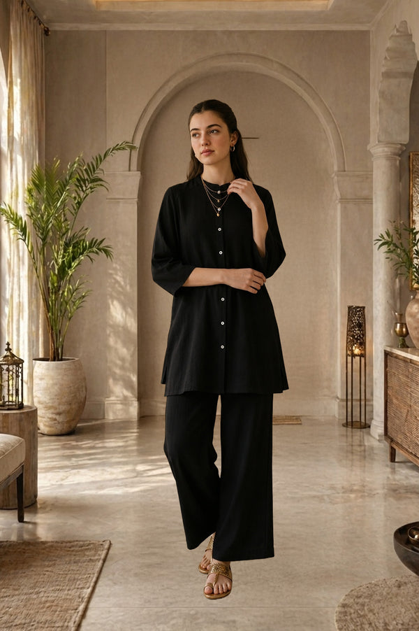 Black Solid Nylon Blend Straight Kurta