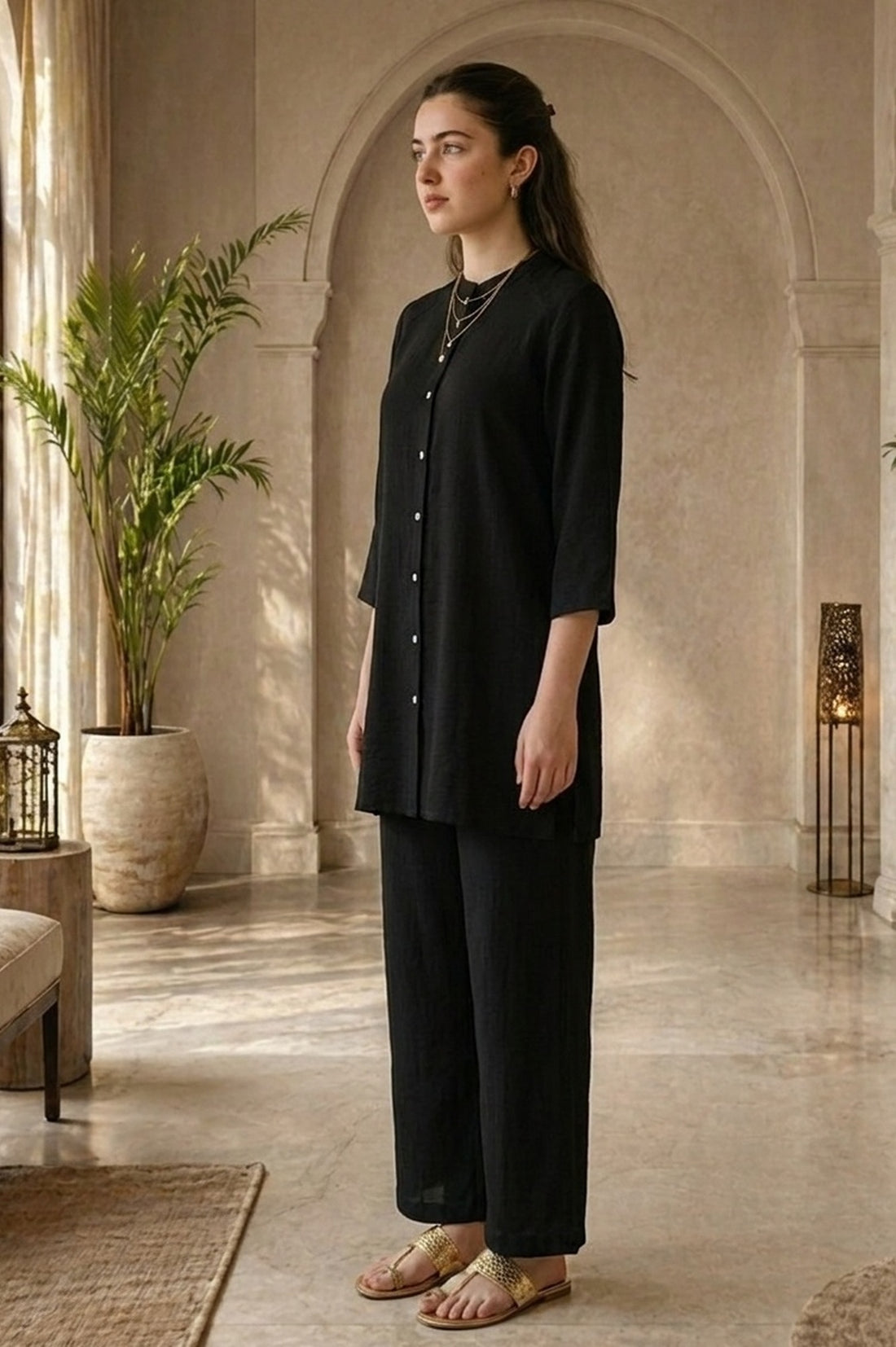 Black Solid Nylon Blend Straight Kurta