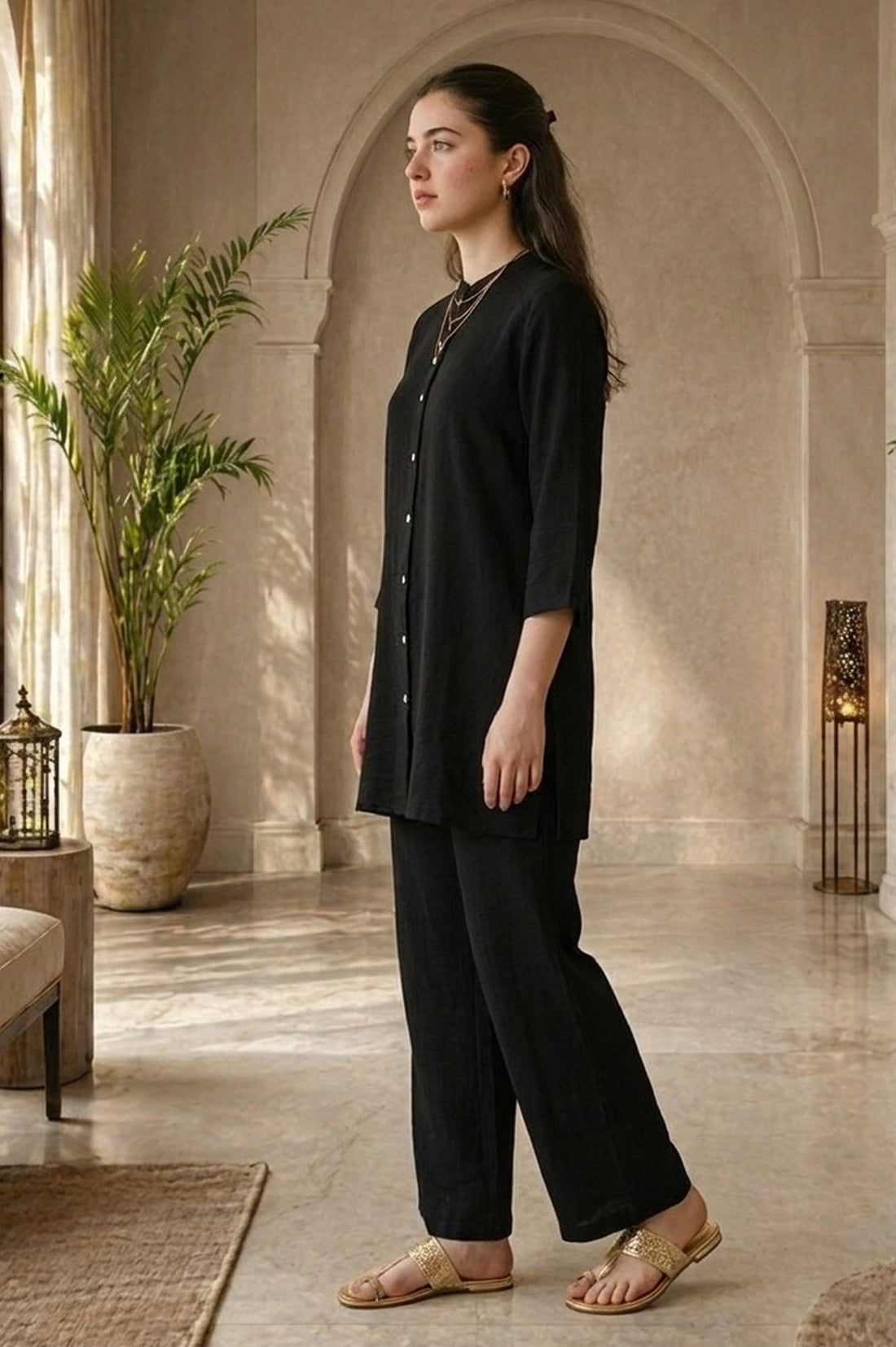 Black Solid Nylon Blend Straight Kurta