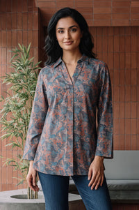Blue Floral Printed Jacquard Straight Winter Top