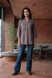 Blue Floral Printed Jacquard Straight Winter Top