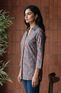 Blue Floral Printed Jacquard Straight Winter Top