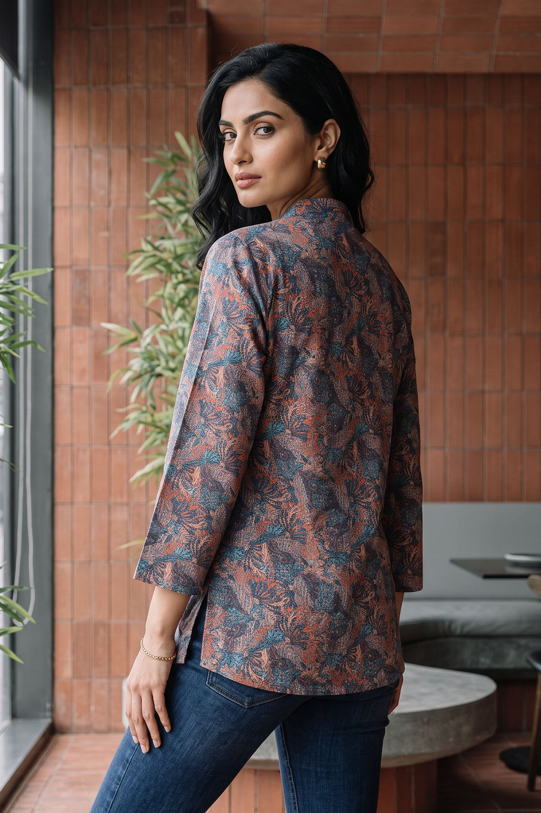 Blue Floral Printed Jacquard Straight Winter Top