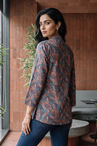 Blue Floral Printed Jacquard Straight Winter Top