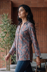 Blue Floral Printed Jacquard Straight Winter Top