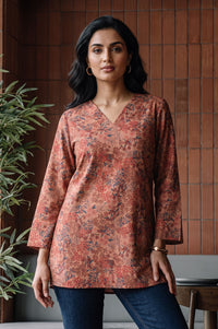 Peach Floral Printed Jacquard Straight Winter Top