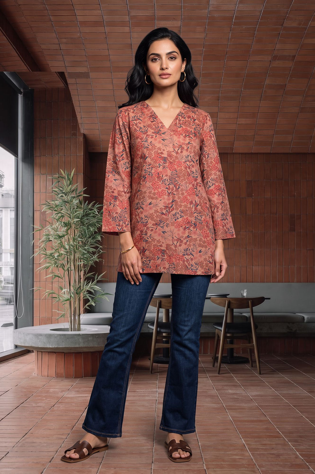 Peach Floral Printed Jacquard Straight Winter Top
