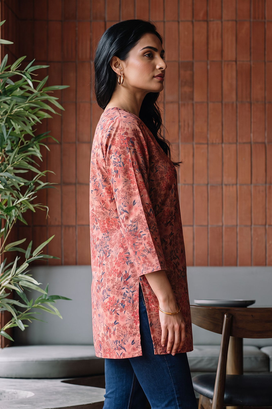 Peach Floral Printed Jacquard Straight Winter Top