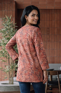 Peach Floral Printed Jacquard Straight Winter Top