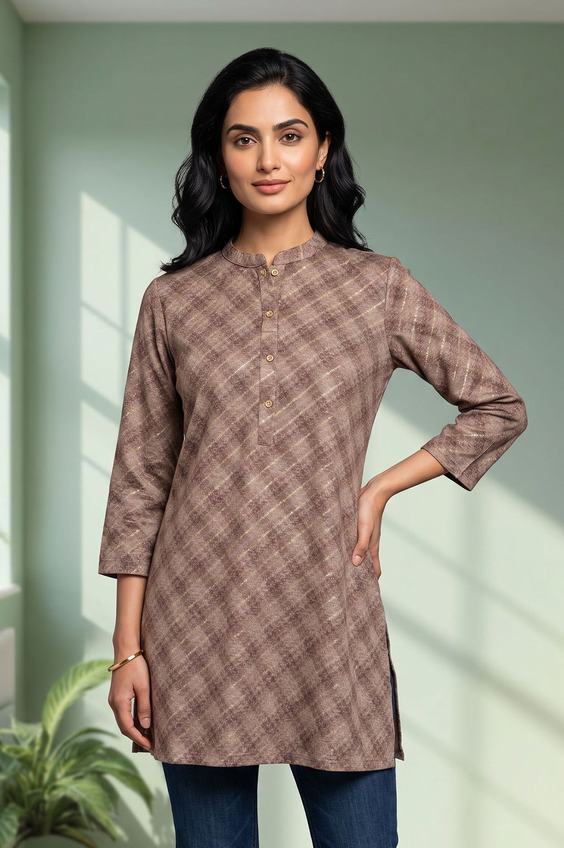 Brown Foil Printed Straight Top