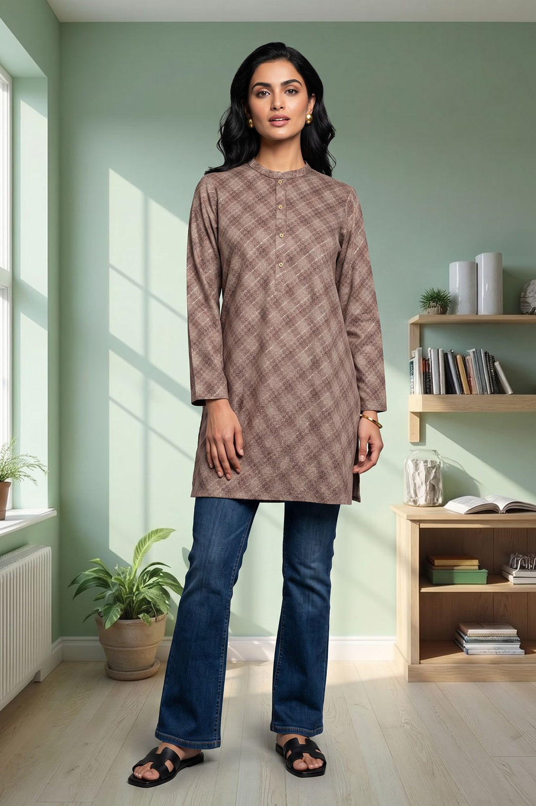 Brown Foil Printed Straight Top