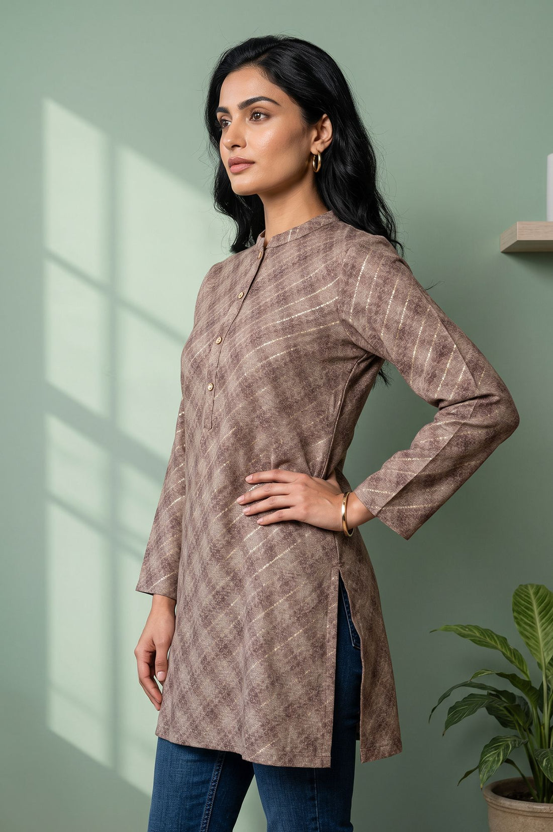 Brown Foil Printed Straight Top