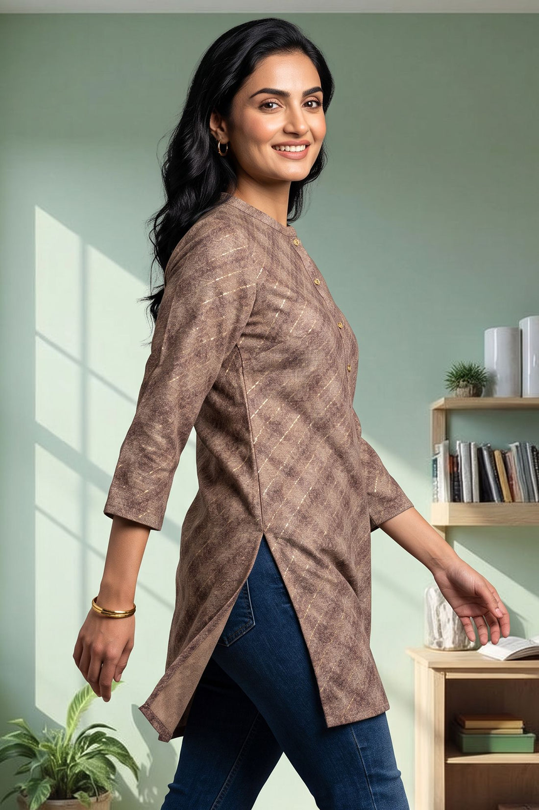 Brown Foil Printed Straight Top