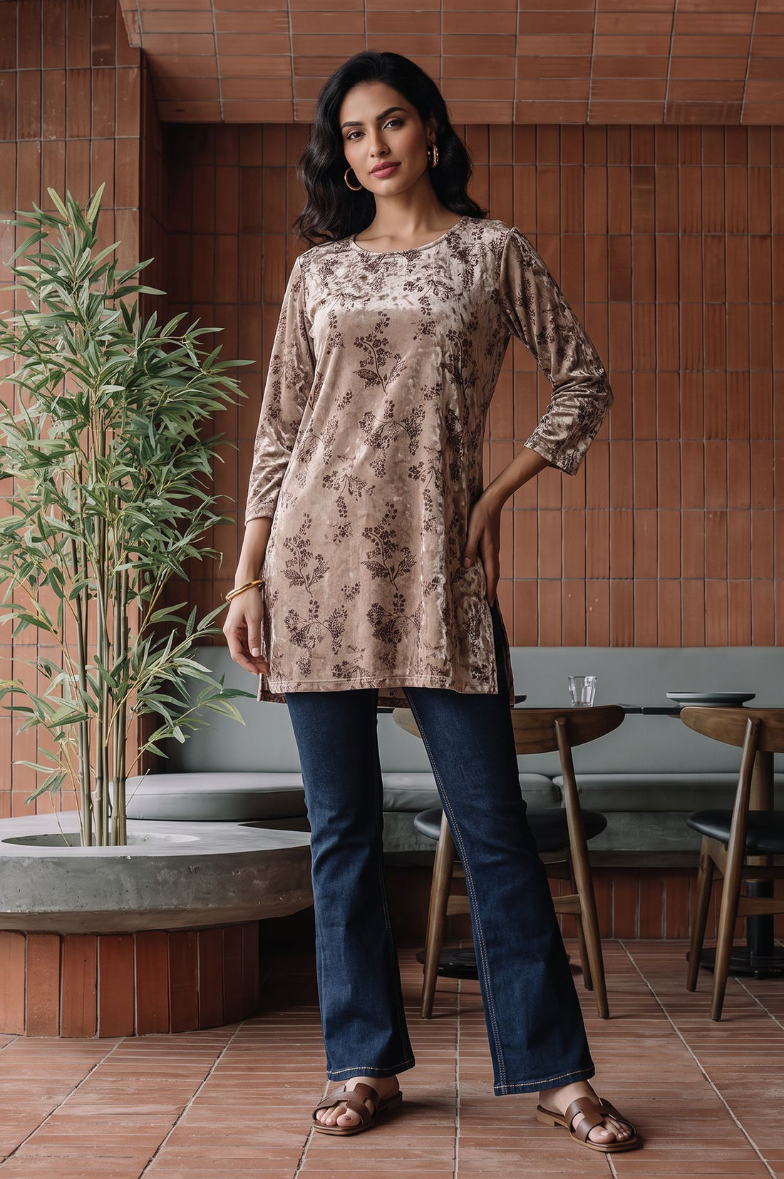 Beige Floral Printed Chenille Straight Winter Top