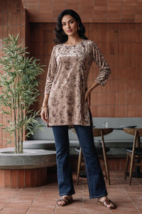 Beige Floral Printed Chenille Straight Winter Top