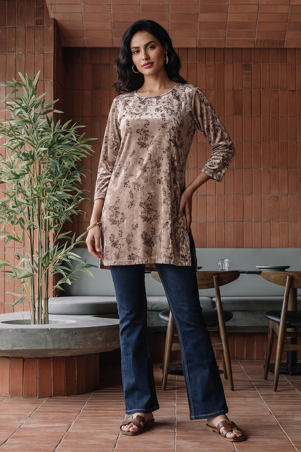 Beige Floral Printed Chenille Straight Winter Top