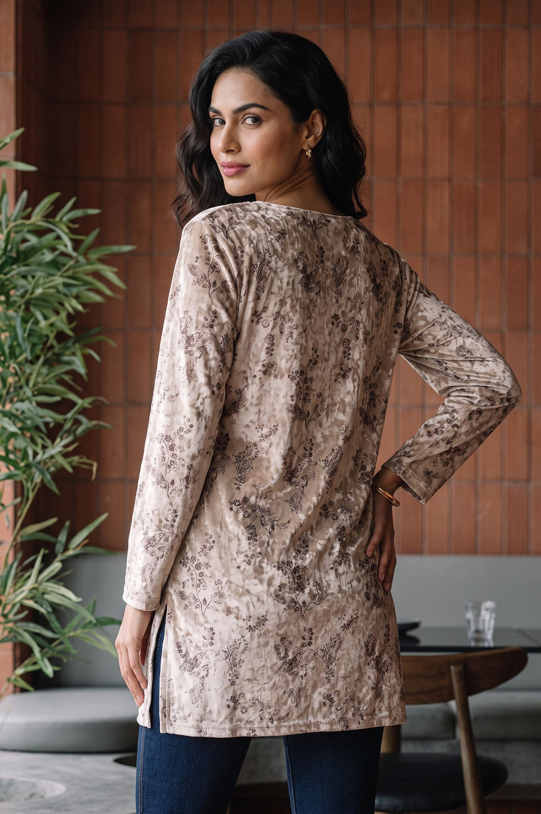 Beige Floral Printed Chenille Straight Winter Top