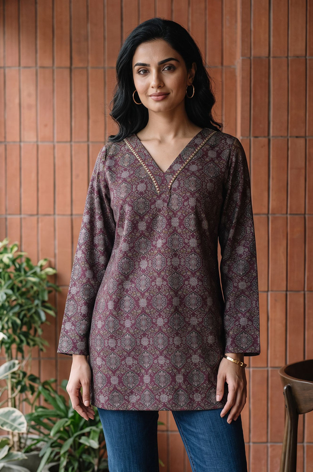 Maroon Ethnic Motifs Jacquard Straight Winter Top