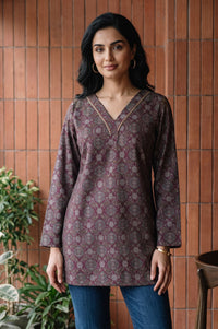 Maroon Ethnic Motifs Jacquard Straight Winter Top