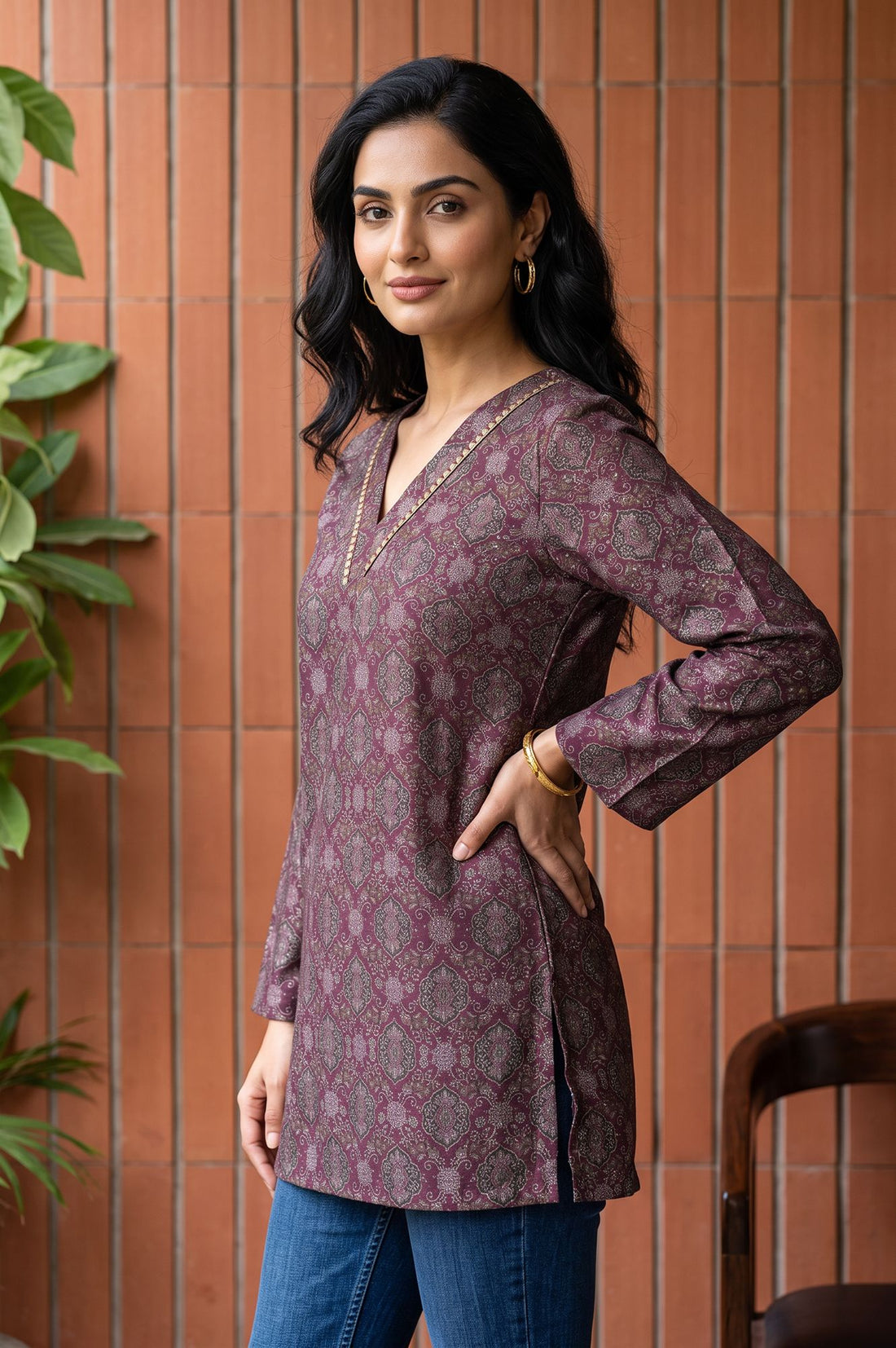 Maroon Ethnic Motifs Jacquard Straight Winter Top
