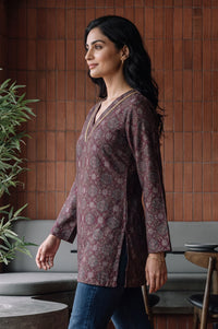 Maroon Ethnic Motifs Jacquard Straight Winter Top