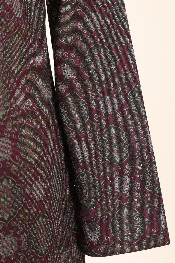 Maroon Ethnic Motifs Jacquard Straight Winter Top