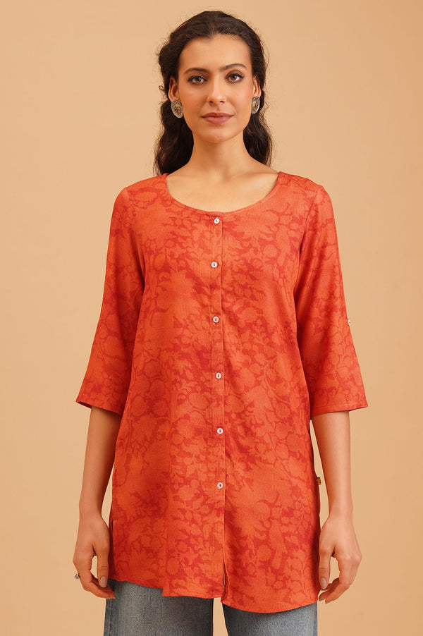 Orange Floral Printed Rayon Straight Kurti