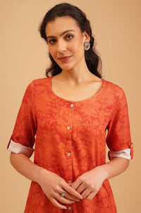 Orange Floral Printed Rayon Straight Kurti
