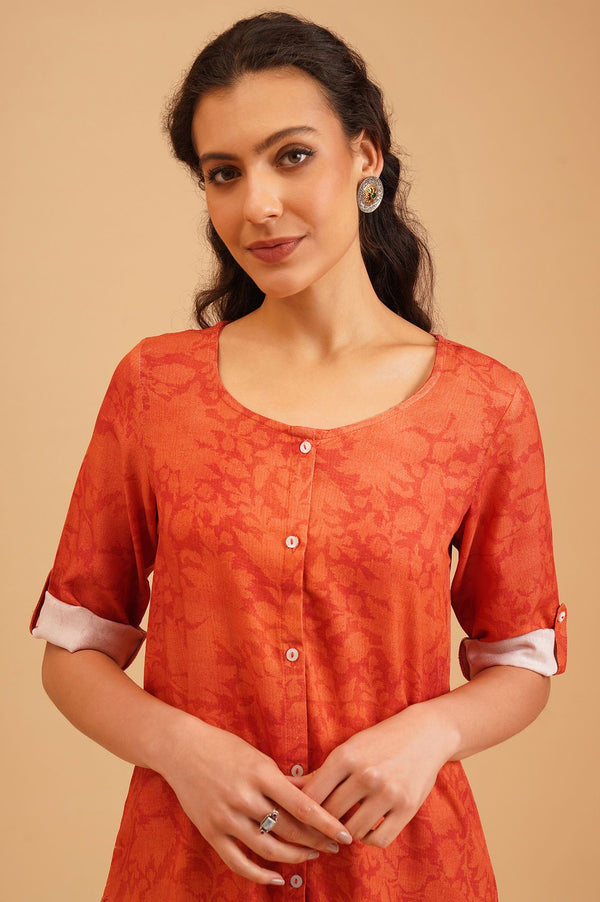 Orange Floral Printed Rayon Straight Kurti