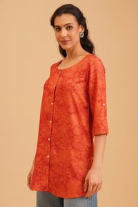 Orange Floral Printed Rayon Straight Kurti