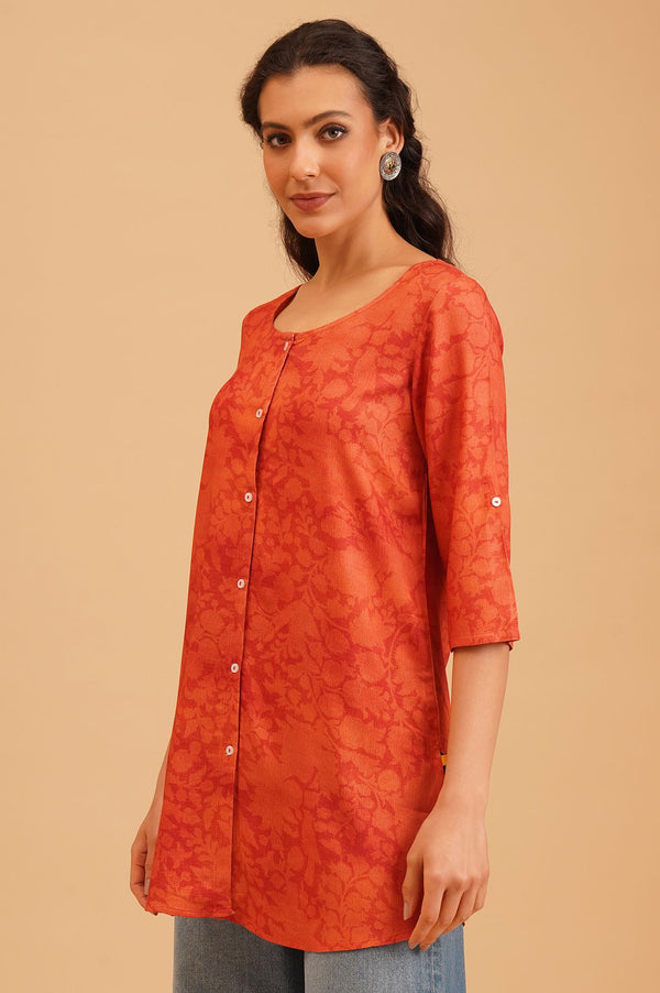 Orange Floral Printed Rayon Straight Kurti