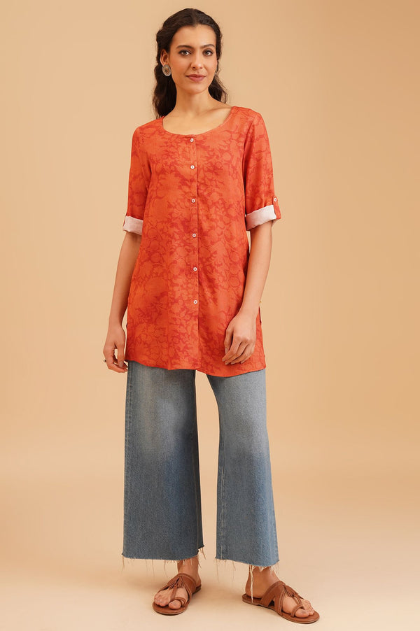 Orange Floral Printed Rayon Straight Kurti