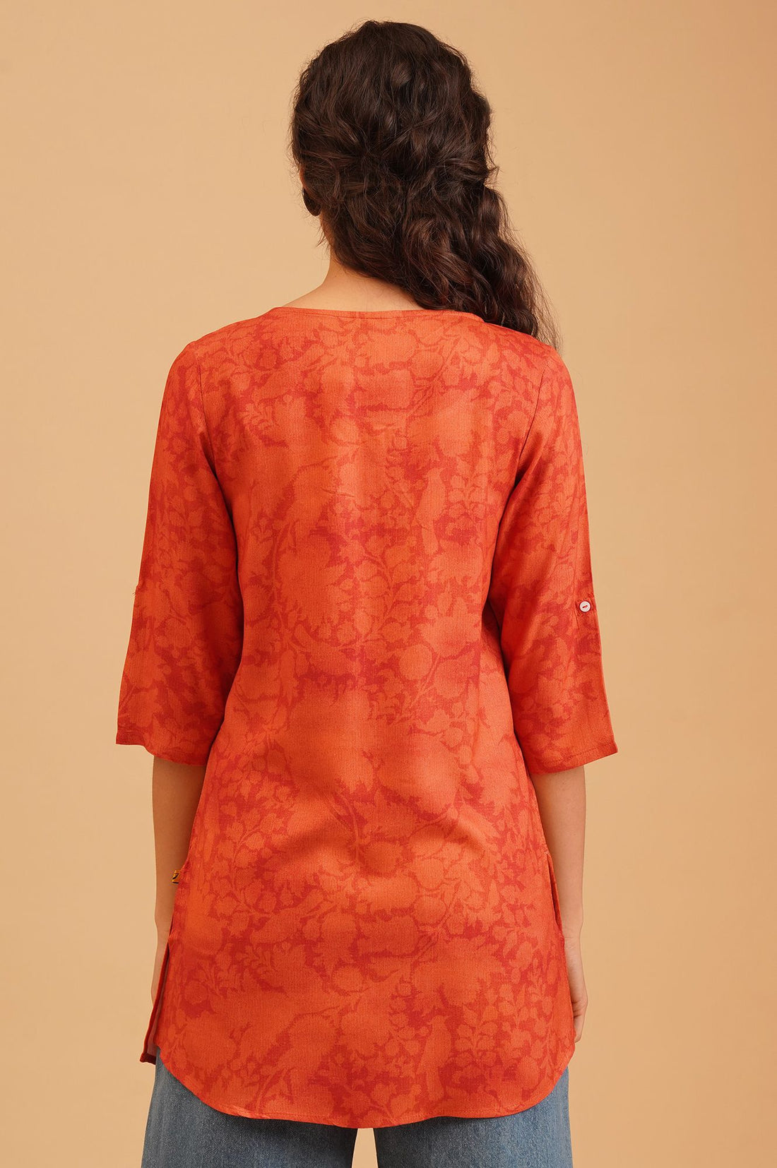 Orange Floral Printed Rayon Straight Kurti