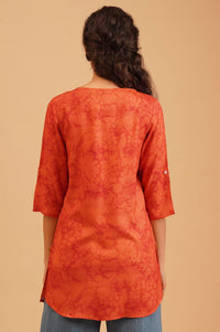 Orange Floral Printed Rayon Straight Kurti