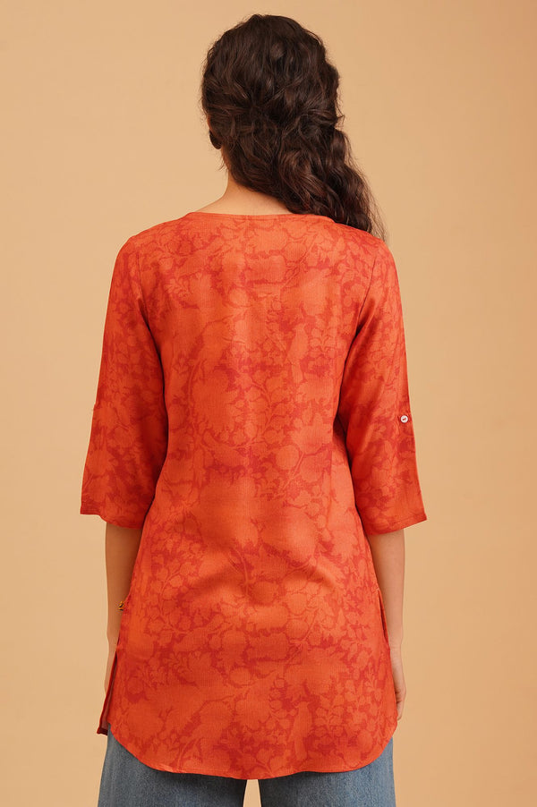 Orange Floral Printed Rayon Straight Kurti