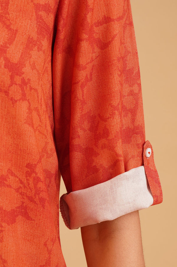 Orange Floral Printed Rayon Straight Kurti