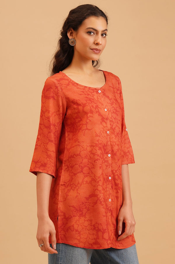 Orange Floral Printed Rayon Straight Kurti