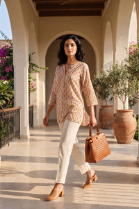 Beige Floral Printed Pure Cotton Straight Kurti