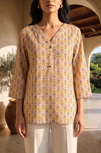 Beige Floral Printed Pure Cotton Straight Kurti