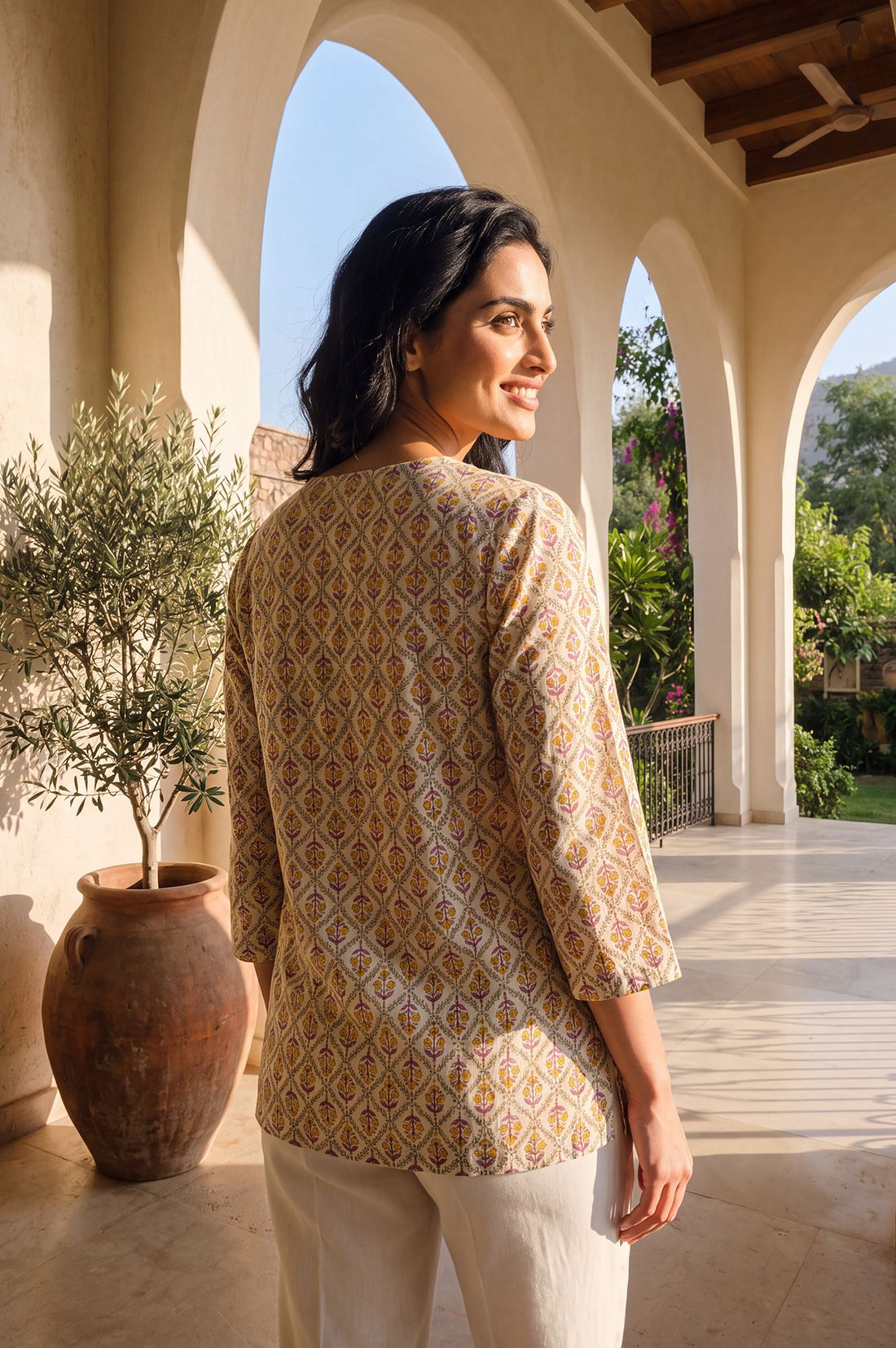 Beige Floral Printed Pure Cotton Straight Kurti