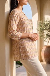 Beige Floral Printed Pure Cotton Straight Kurti