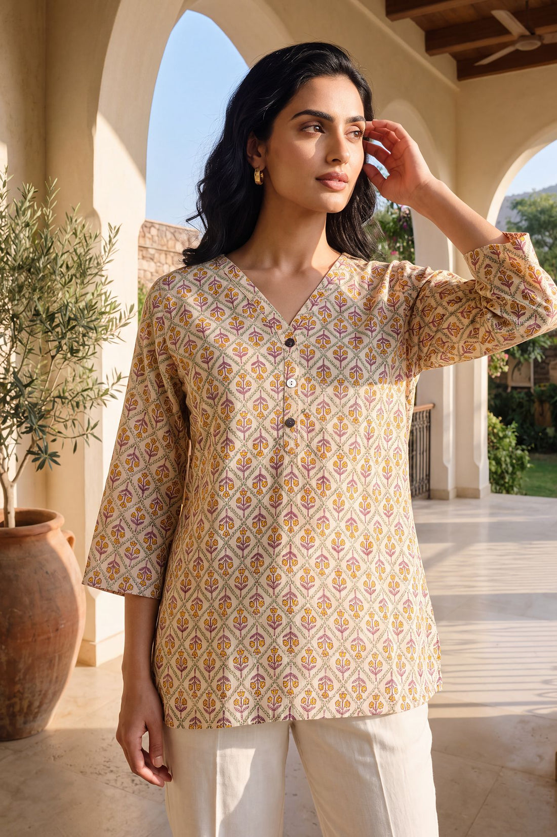 Beige Floral Printed Pure Cotton Straight Kurti